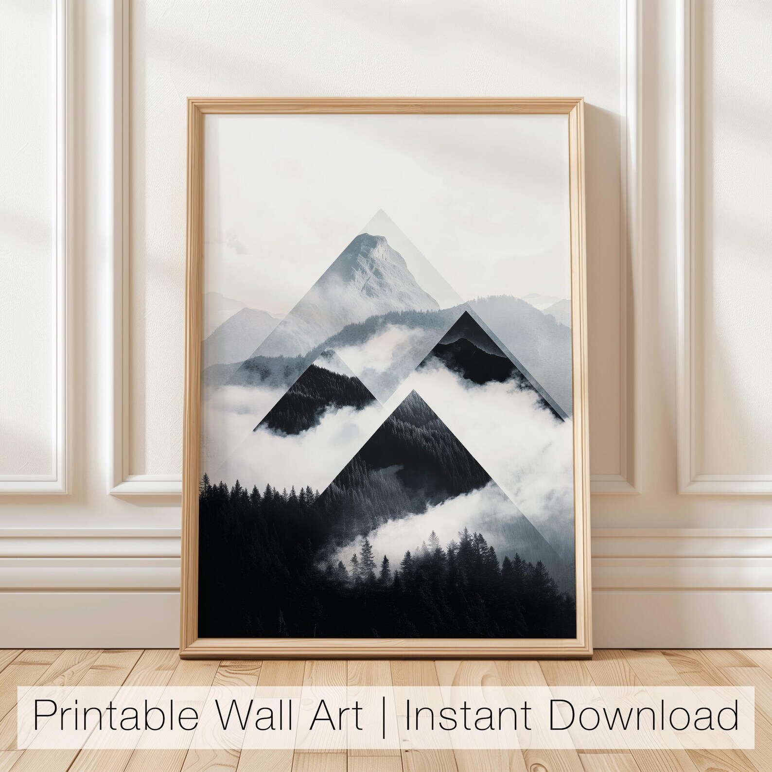 Geometric Mountain Wall Art Black And White Landscape Printable Minimalist