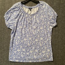 Chaps Peasant Top Women 2X Blue White Floral Smocked Neck Cap Sleeve Cottagecore