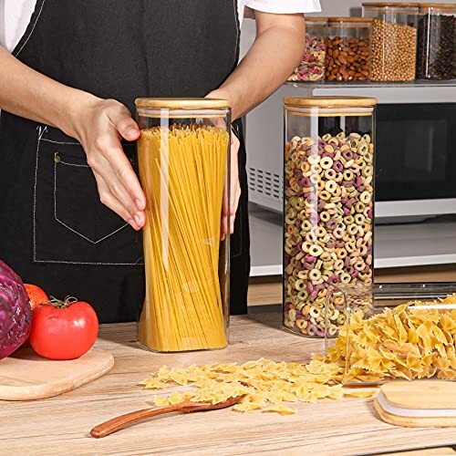 Glass Spaghetti Pasta Storage Containers With Lids 71oz Set Of 3 Tall