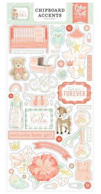 Echo Park Paper IT'S A GIRL Baby Shower 6x13 Sheet of Chipboard Accents