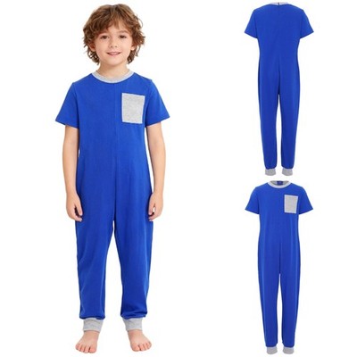 Special Needs Adaptive Clothing for Kids Boys Short Sleeve Anti-Strip Jumpsuit