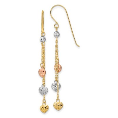 14k Tri-Color Gold Diamantschliff Dreifach Herz Hänger Hirte Haken Ohrringe 1,19g