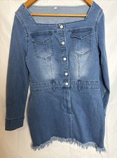 Women's Denim Mini Dress Medium Square Neck Long Sleeve Button Front Raw Hem