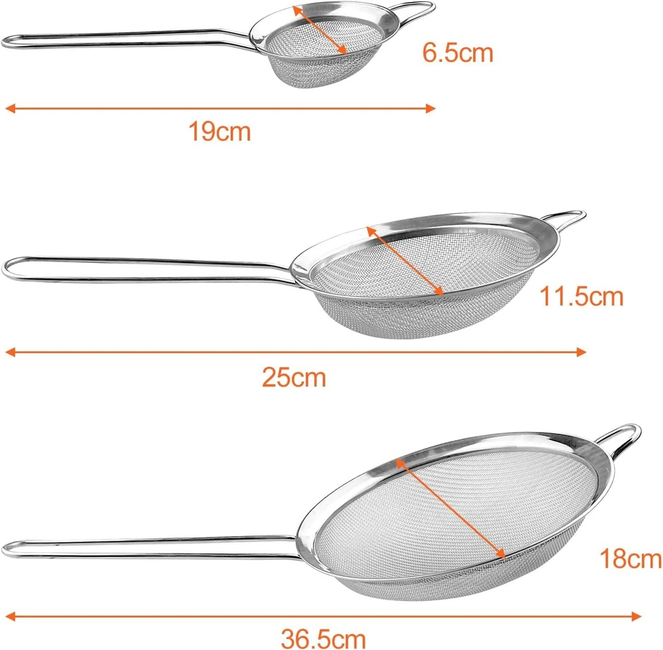 Relota Set di Setaccio da Cucina 19/25/36.5 cm, Colino Acciaio Inox Maglia Fine, - Immagine 3 di 4