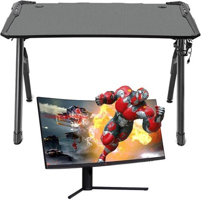 Deco Gear 47'' LED Gaming Desk, Carbon Fiber w/ 34'' Curved Gaming Monitor Bundle
