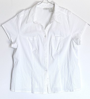 White Stag Woman Stretch Seersucker Button-Up Shirt Size 4X White Short Sleeve