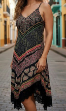 Crystal Doll Jr's XS Multicolor Boho Sundress Spaghetti Strap V‑Neck Pointed Hem