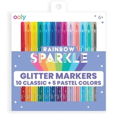 Ooly Rainbow Sparkle Glitter Markers Set of 15,  5 Pastel & 10 Classic Colors