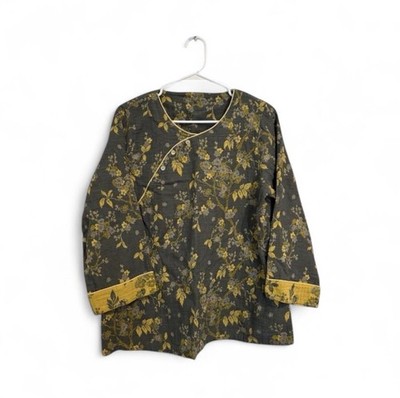 Women s XL Yellow & Gray Oriental Floral Print Blouse Long Sleeve Top