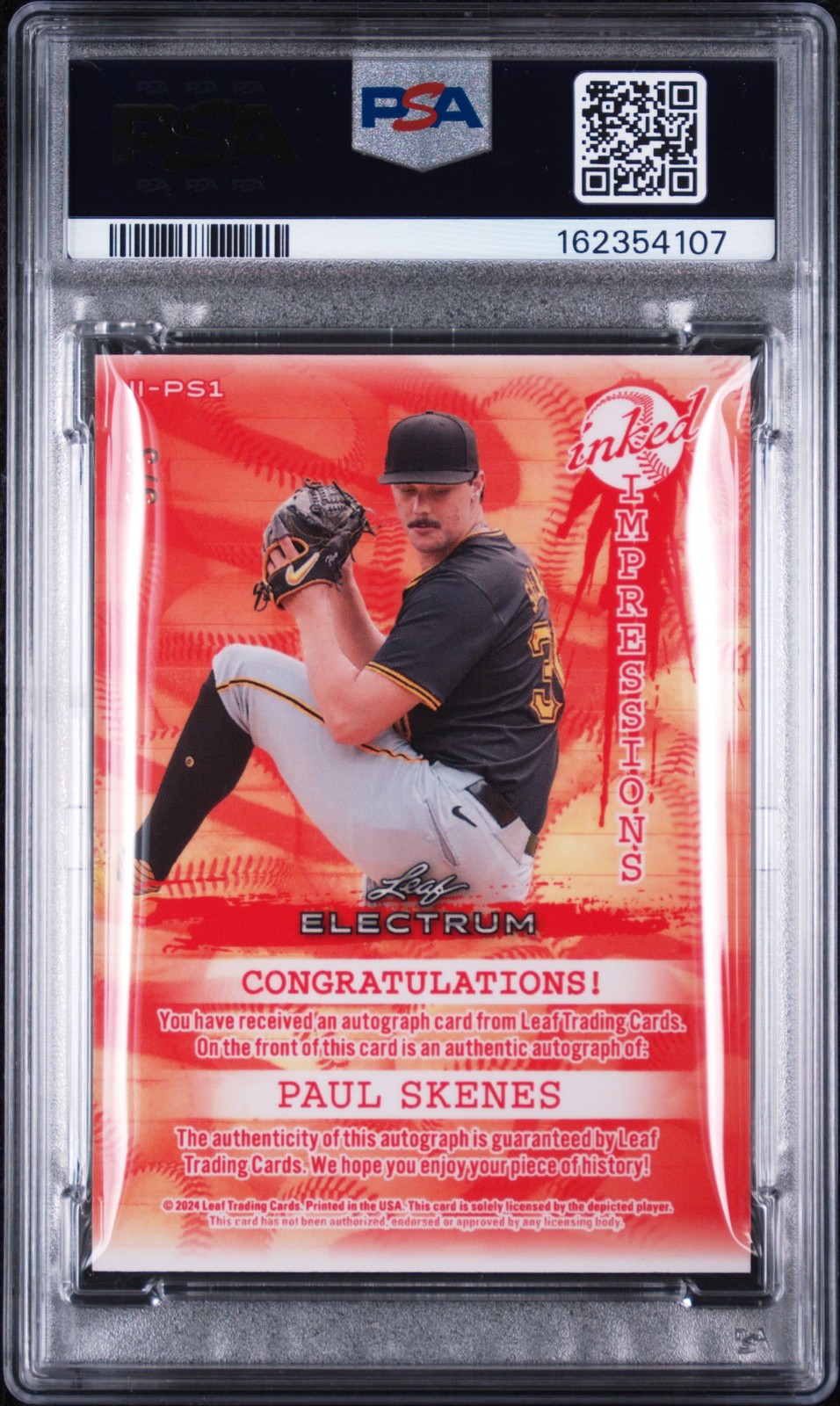 2024 LEAF ELECTRUM INKED IMPRESSIONS RED #IIPS1 PAUL SKENES 3/3 PSA 8 AUTO view 2