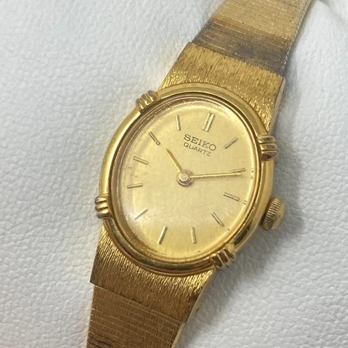 Vintage Seiko Watch Women 17mm Gold Tone 5420-5159 Oval New Battery SMALL 6"