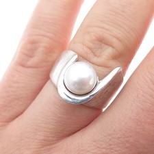 925 Sterling Silver Vintage Real Pearl Modernist Ring Size 6