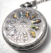 12 STONE INSET POCKET WATCH STAINLESS QUARTZ ANALOG 80cm CHAIN