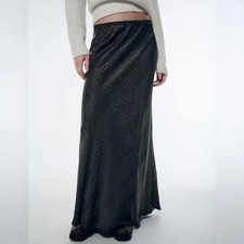 Zara Maxirock Satin S/36 khaki schwarz 4437/277 Glanz Gummizug Print Neu