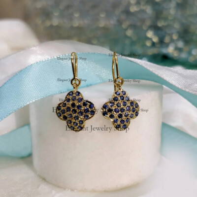 Clover Design Blue Sapphire Hook Earrings 14k Yellow Gold Party Wear Jewelry New