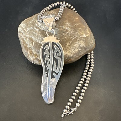 Mens Feather Navajo Sterling Silver Necklace Pendant 18578