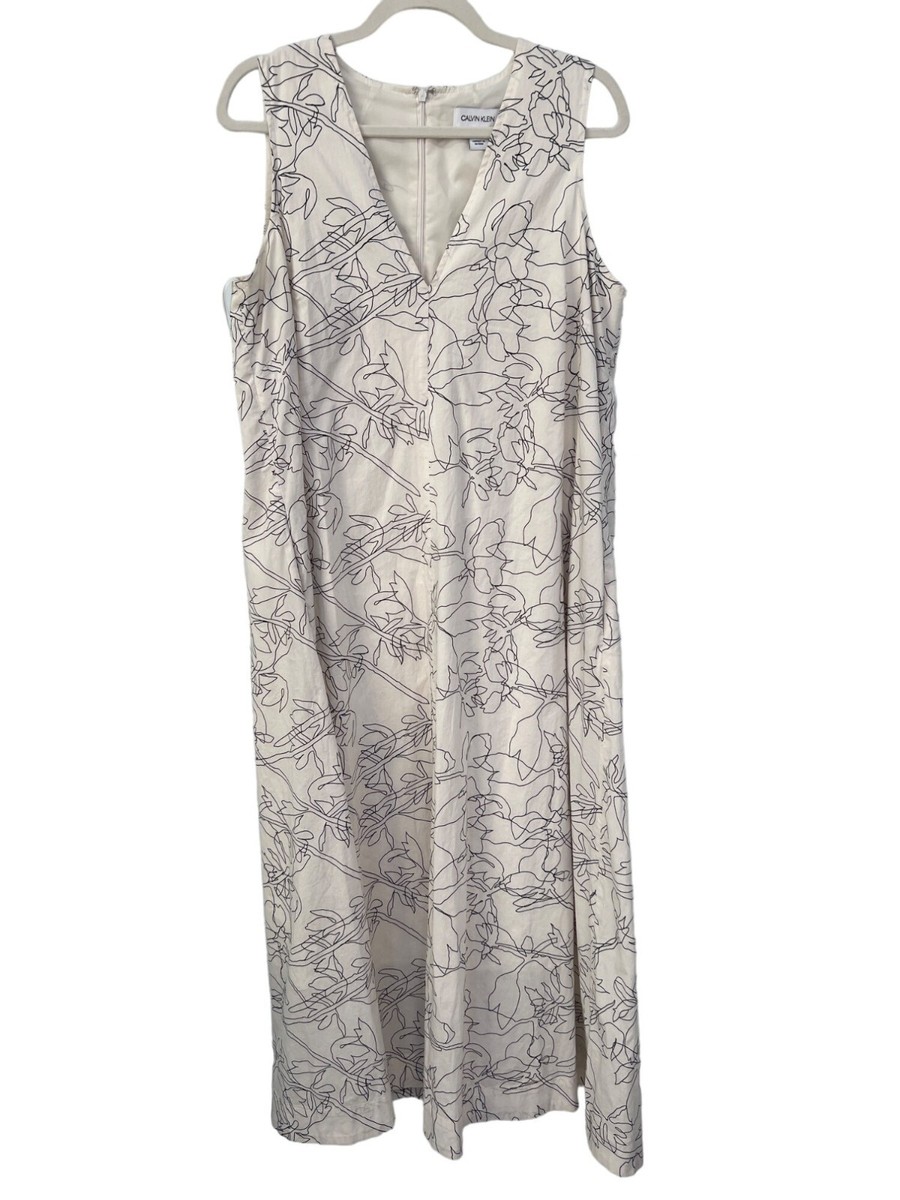 Calvin Klein Floral A Line Maxi Dress Womens 10 Cream Black Bohemian Chic  Hippie