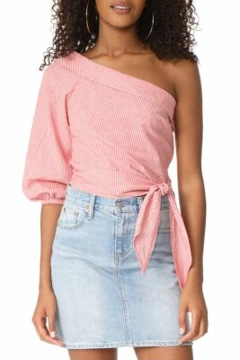 Free People Get Down One Shoulder Stripe Top, Red, UK 4, RRP $98