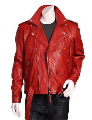 Men's Distressed Red Brando Biker Real Vintage Leather Motorcycle Jacket