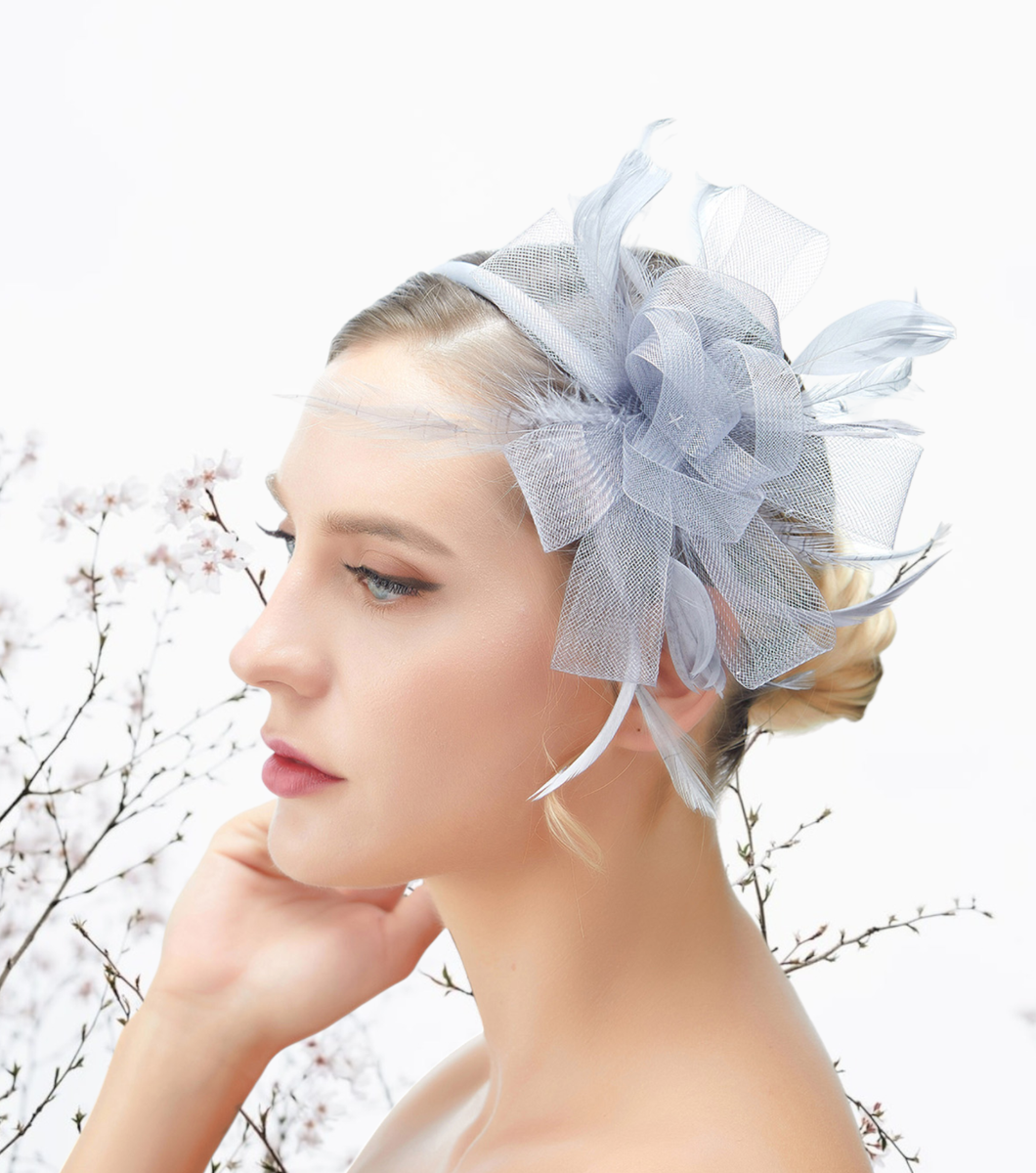 Silver Gray Feather Mesh Wedding Fascinator Headband Woman  display picture 1