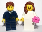 LEGO Bride Brown Hair & Groom Dark Blue Suit  Wedding Minifigure Pink Flower