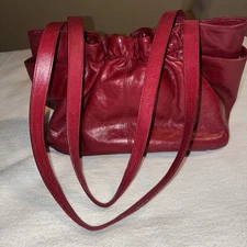 Hobo International Vintage Gerty Red Leather Ruched Gathered Shoulder Bag.