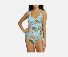 Kona Sol One Piece Swimsuit Tropical Print Tie Wrap Front High Coverage Sz L