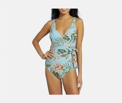 Kona Sol One Piece Swimsuit Tropical Print Tie Wrap Front High Coverage Sz L