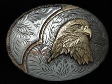 PF09172 VINTAGE 1980s BALD EAGLE ENGRAVED TROPHY STYLE WESTERN BELT BUCKLE
