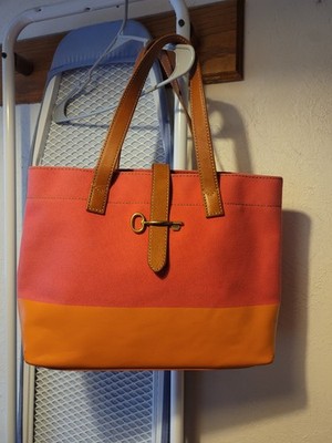 Fossil Austin Flamingo Pink / Orange Canvas Leather Trim Tote Shoulder Bag 