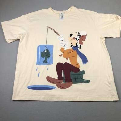 Disney Shirt Mens 2XL Beige Goofy Donald Duck Fishing Cartoon Graphic Tee