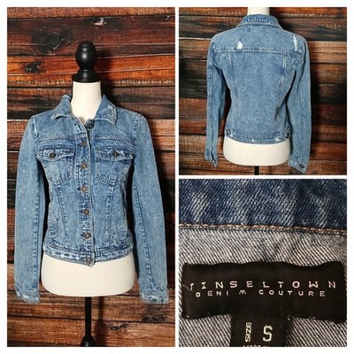 Tinseltown Jean Jacket Size S Cropped Distressed Acid Wash Blue Denim Cotton 
