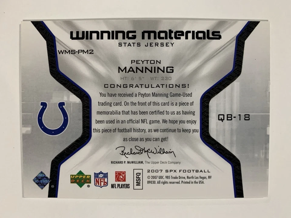 2007 Upper Deck SPx Winning Materials Stats Jersey Peyton Manning #WMS-PM2 MEM! - Image 2 of 2