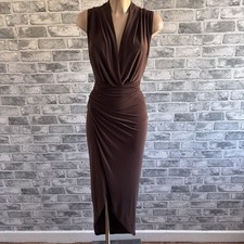 046 Chocolate Brown Plunge Ruched Figure Hugging Evening Party Dress Size 18