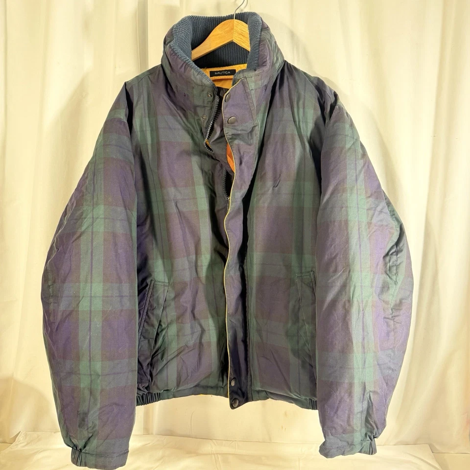 Y2K Nautica Down Reversible Puffer Jacket Mens XL Tartan Plaid 90’s Yellow - Image 2 of 4