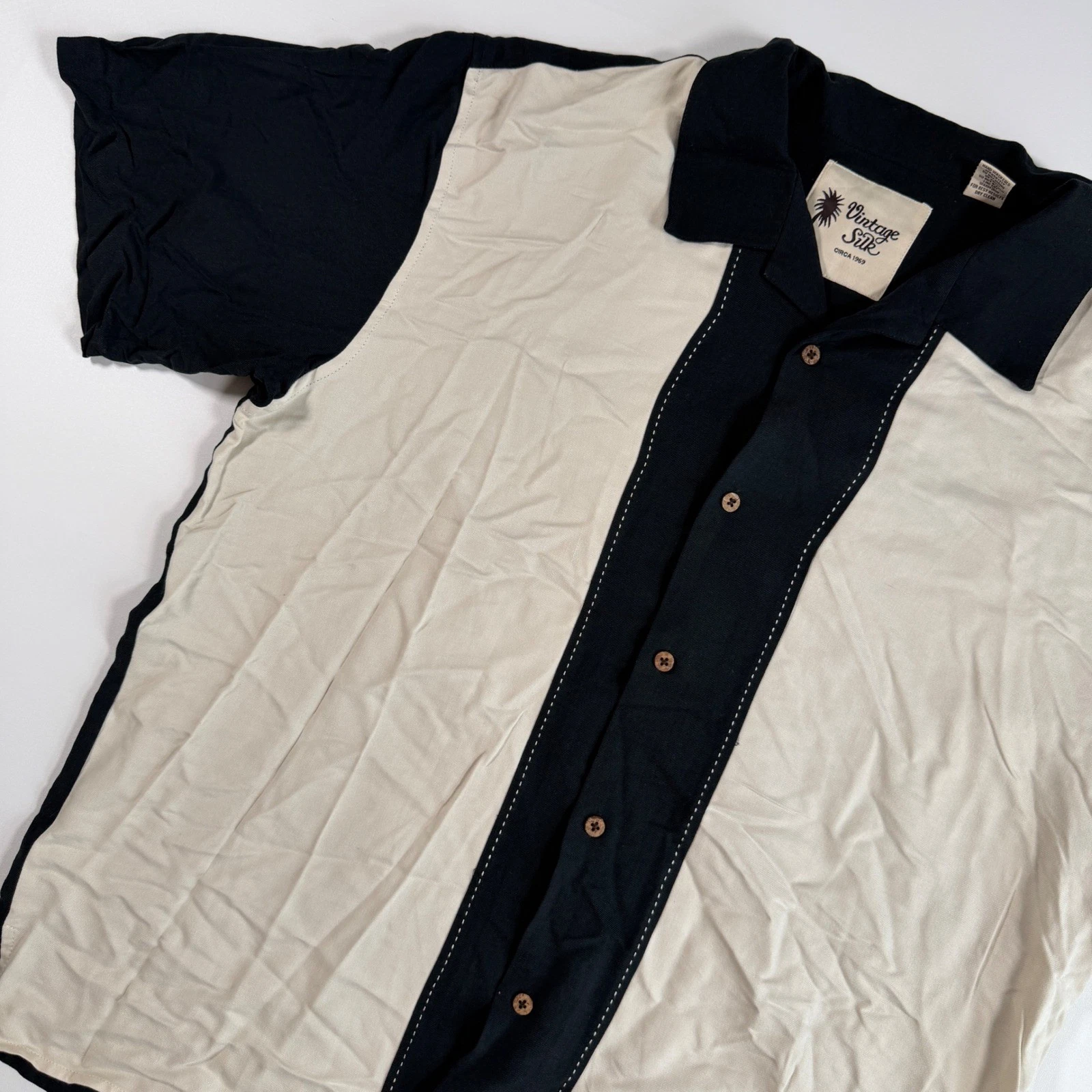 Vintage Silk Rayon Colorblock Stitch Camp Bowling Shirt XL Rockabilly Retro 90s