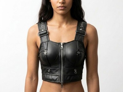 Women Black Genuine Leather Corset Buckle Bustier Crop Top Gothic Clubwear Vest.