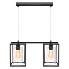 Modern Rectangular Ceiling Lantern Pendant Light 2 Black Frame Clear Glass H3052