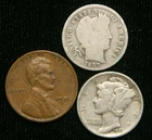 Old US Coin Estate Lot Barber Dime Wheat Cent Mercury Dime 3 Coin Set