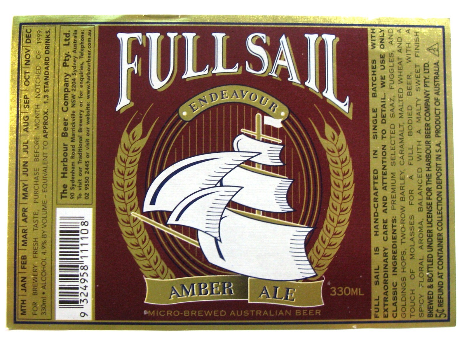 Harbour Process Label Harbour Beer Company FULL SAIL AMBER ALE beer label AUSTRALIA 330ml | eBay