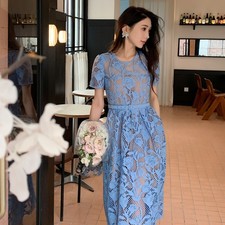 Women's Water Soluble Lace Short Sleeved Crew Collar Blue Hollow Slim Long Dress