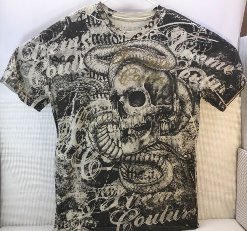 Xtreme Couture Tshirt homme grand crâne beige serpent grunge motard affliction États-Unis - Photo 1 sur 10