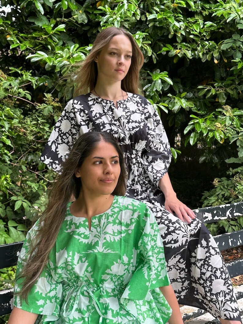 Indian Beautiful Store Hippie Kaftan Tunic - Bohemian Beach Cover Up, Ethnic Print Maxi Dress (Green, Free Size) - View #7