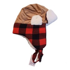 Boys Red Buffalo Check/Brown Trapper Hat-Ages 8-16-Faux Sherpa Lined