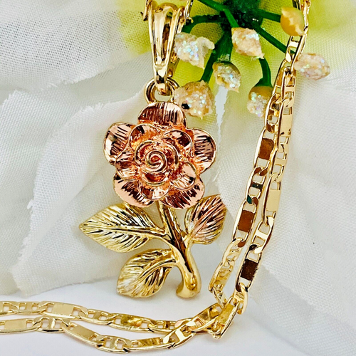 14k Gold Plated Rose Flower Necklace, Flower Rose Gold Color Pendant