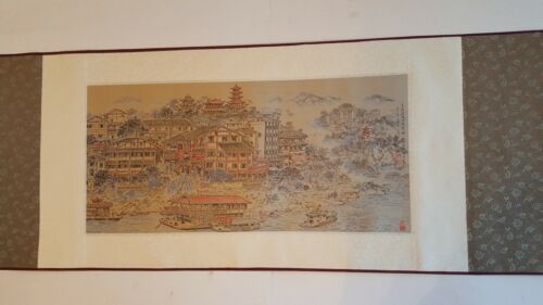 China Silk Culture Scenic Scroll Pagodas, Boats, Sea, Mountain Tapestry & Box - Picture 2 of 11