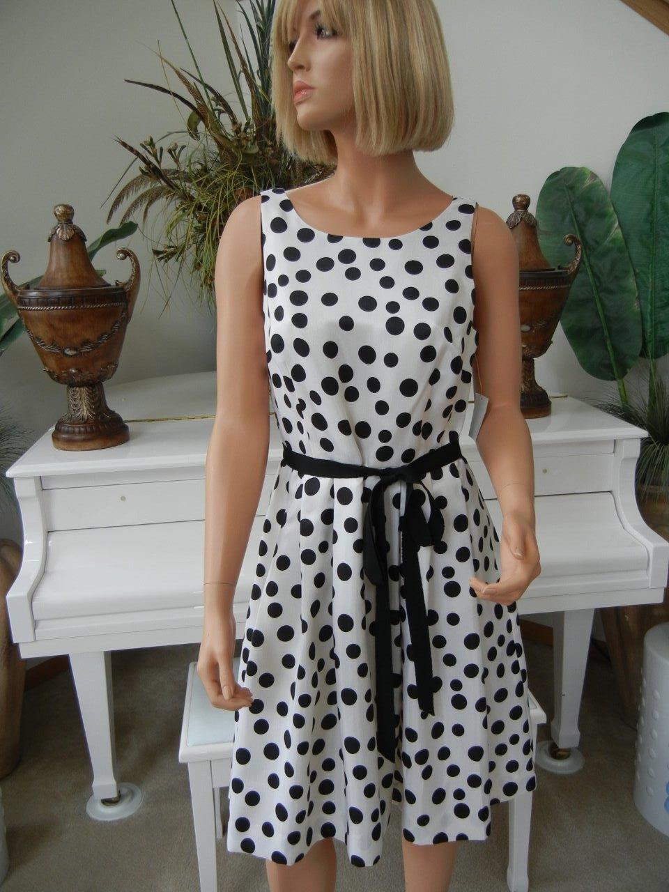 black and white polka dot fit and flare dress