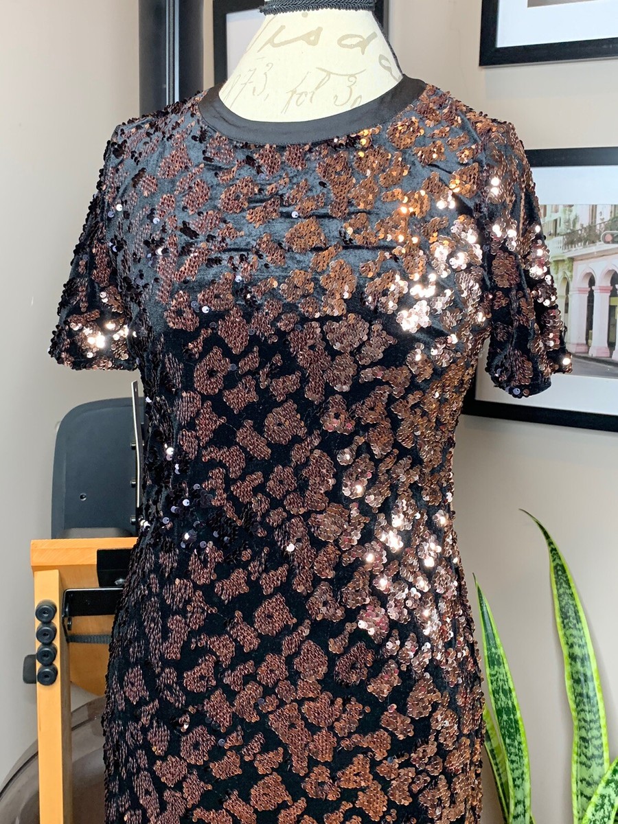 andi sequin tee dress Ro & De Anthropologie Andi Sequined Tee Dress Womens Black Gold Velvet Size  M