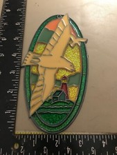 1980s Suncatcher Dove Flying Over Barn Acrylic Stained Glass Style Window