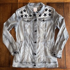 Lularoe Stretch Denim Jean Jacket Embroidered Black Stars Large 4 Pockets Fitted